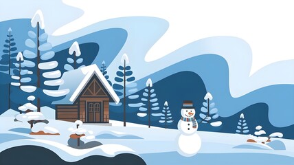 A charming winter landscape featuring a cozy wooden cabin, snow-covered trees, and a cheerful snowman in a serene, snowy setting.