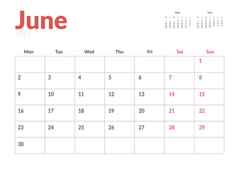 Monthly page Calendar Planner Template of June 2025. Vector layout of calendar with week start Monday for Scheduling. Page for size A4 or 21x29.7 cm