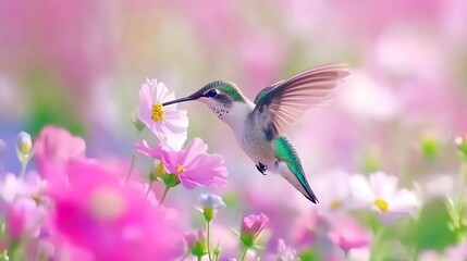 Naklejka premium A colorful hummingbird gracefully hovering near vibrant flowers, showcasing nature's beauty and harmony in a peaceful garden setting.
