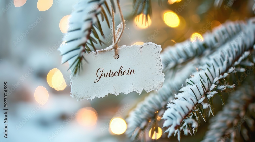 Wall mural paper tag with german word voucher hanging on christmas tree