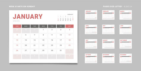 Set of 12 Pages Monthly Calendar Planner Templates on 2025 year. Vector mockup of a wall or desktop calendar with the week start on Sunday for print in grey and red color. Pages size Letter -8.5x11 in