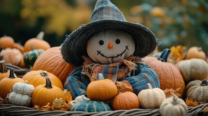 thanksgiving decor banner featuring a scarecrow centerpiece with pumpkins and gourds on a harvest table