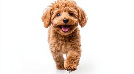 A cute Goldendoodle with curly fur is walking towards you on a white background. It is smiling happily.