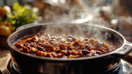A close-up of a hot pot of chili with beans and meat, with steam wafting out and a focus on the hearty ingredients, set on a rustic kitchen table.