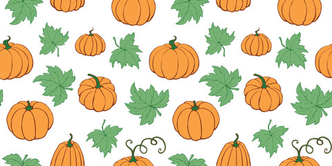 Vector seamless pattern with pumpkins in doodle flat style. Halloween or thanksgiving background and texture.