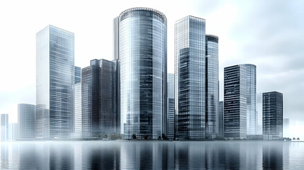 Fototapeta premium Modern cityscape with tall glass skyscrapers reflected in the water.
