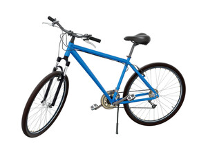 Blue bicycle standing while leaning on kickstand, side view. Bike resting on kick stand. Png clipart isolated on transparent background