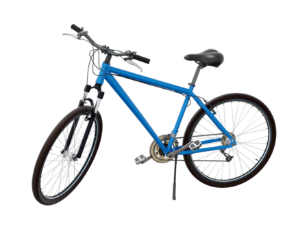 Blue bicycle standing while leaning on kickstand, side view. Bike resting on kick stand. Png clipart isolated on transparent background