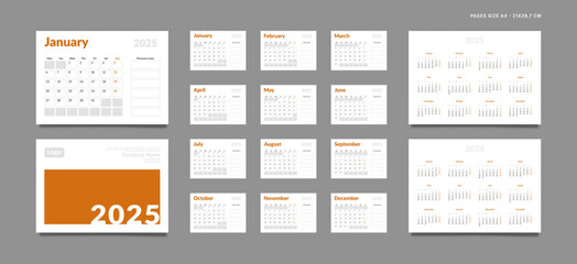 Set of 2025 Pages Monthly Calendar Planner Templates, Cover with Place for Photo, Company Logo, Annual. Design of Vector layout Calendar Pages size A4-21x29.7 cm in for print. Week start on Monday