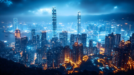 Fototapeta premium Night cityscape of Hong Kong, with a vibrant skyline of skyscrapers lit up against a dramatic sky.
