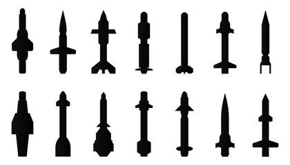 Black missile icon collection. Combat rocket weapons. Set of weapon and rocket symbol. Missile silhouette collection © top dog