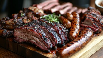 A close-up of a meat lover platter with an assortment of cooked meats, including beef brisket, grilled sausages, and barbecued ribs, arranged on a wooden board.