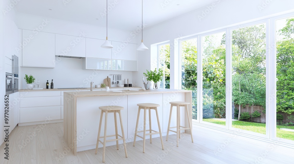 Sticker modern kitchen island with wooden bar stools and garden view