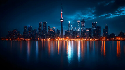 Obraz premium Night cityscape with skyscrapers reflected in water.