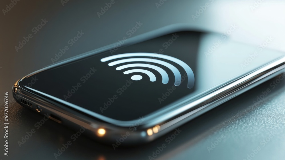 Poster A close-up of a modern smartphone displaying a strong Wi-Fi signal icon, with a clear, clean background highlighting its wireless connectivity.