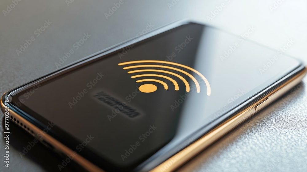 Poster a close-up of a modern smartphone displaying a strong wi-fi signal icon, with a clear, clean backgro