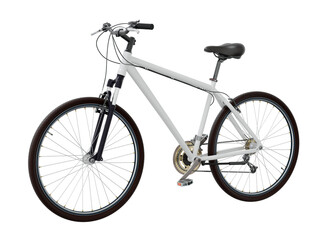 Fototapeta premium White bicycle, side front view. Black leather saddle and handles. Png clipart isolated on transparent background