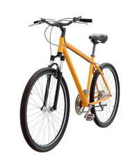 Orange bicycle, front side view. Black leather saddle and handles. Png clipart isolated on transparent background