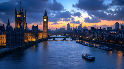 Obraz premium Panoramic view of London skyline at sunset with the Houses of Parliament, Big Ben, and the River Thames.