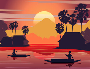 sunset landscape and Buddha Thai temple with a rowing boat around with tree.countryside of east lifestyle.vector illustration