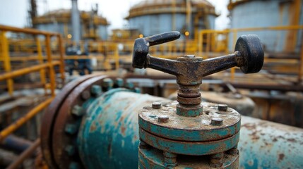 Fototapeta premium A close-up of a valve handle on a large oil pipeline, with the background of an industrial oil extraction site and storage tanks.