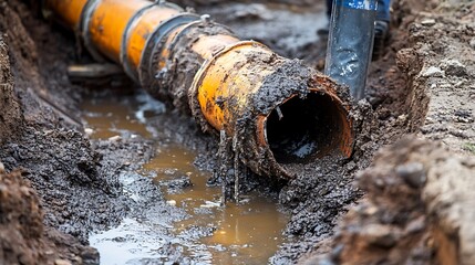 Rusty Pipe In A Trench Filled With Mud
