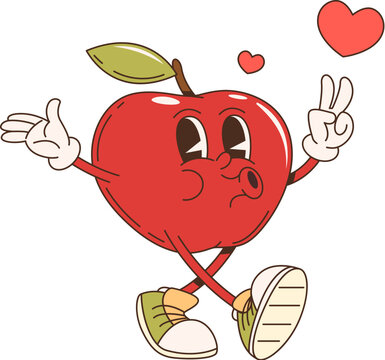 Retro cartoon groovy apple fruit character whistling love melody, vector funky comic. Cartoon groovy apple fruit in love with hearts and happy face singing song, funny character for Valentine romance