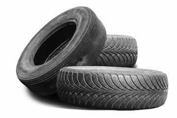 old worn damaged tires isolated on white background
