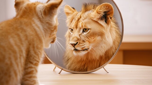 Cat Looking at Lion Reflection in Mirror