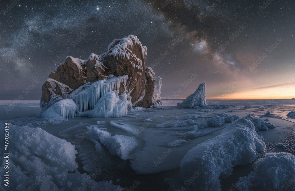Aufkleber in the foreground is an ice-covered rock formation on a lake or sea, with intricate patterns of crac