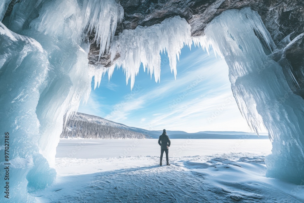Aufkleber man stands in an ice cave by a lake, surrounded by a winter landscape with a frozen lake and a sky d
