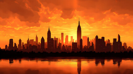 Obraz premium Silhouette of a city skyline at sunset with a fiery orange sky reflecting in the water.