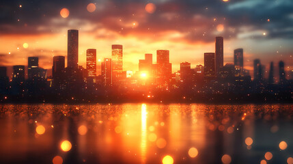 Silhouette of a city skyline at sunset with a reflection in the water.