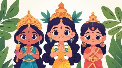 Naklejka premium Indian Goddesses in Traditional Dress with Namaste Greeting