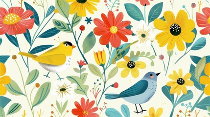 Colorful floral pattern with birds, featuring vibrant yellow and red flowers alongside blue and yellow birds on a soft cream background Bright and cheerful design