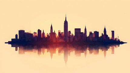 Obraz premium Silhouette of a city skyline with a reflection in the water.