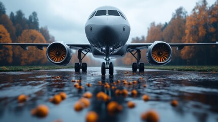 Airplane Landing Close-up of Undercarriage, Aerodynamic Forces in Action, A Stunning View of a Passenger Jet's Precise Touchdown on the Runway, Balancing Forces as it Approaches the Ground