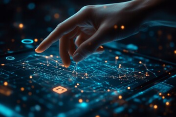 modern image of a hand interacting with a sleek touchscreen device, such as a tablet or smartphone.