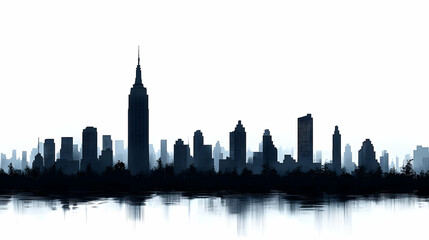 Fototapeta premium Silhouette of a city skyline with a tall skyscraper in the center, reflected in water, against a white background.