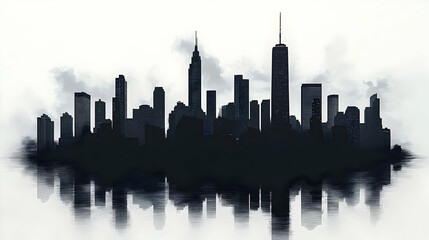 Silhouette of a city skyline with reflection in water, minimalist style.