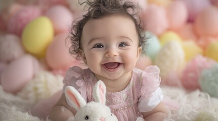 Fototapeta premium A happy baby girl celebrates Easter with a fluffy bunny toy and soft pastel colors.