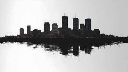 Silhouette of a city skyline with skyscrapers reflecting in water.
