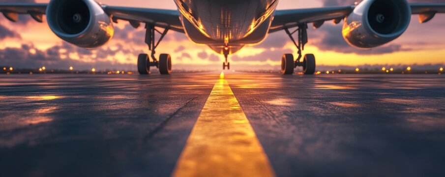 Airplane Landing Gear Touching Runway at Sunset, Smooth Aerodynamic Descent, Close-Up View of Aircraft Landing Gear, Airplane Wheels Touching the Asphalt, Dramatic Sunset Sky, Aviation Photography