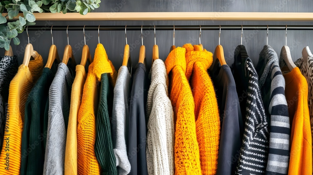 Wall mural a stylish display of colorful clothing hanging on hangers, showcasing various textures and patterns 