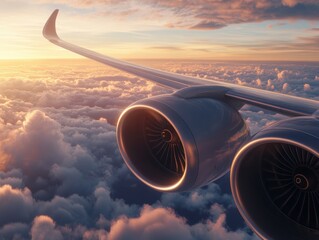 Close-up of Airplane Engines Working in Harmony with Aerodynamic Wings During Flight, A Symphony of Power and Precision
