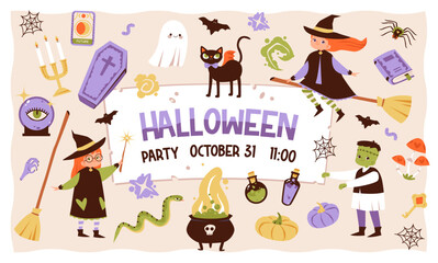 Halloween party poster.  Children in funny and scary witch, ghost and monster costumes. Festive background, postcard for event invitation
