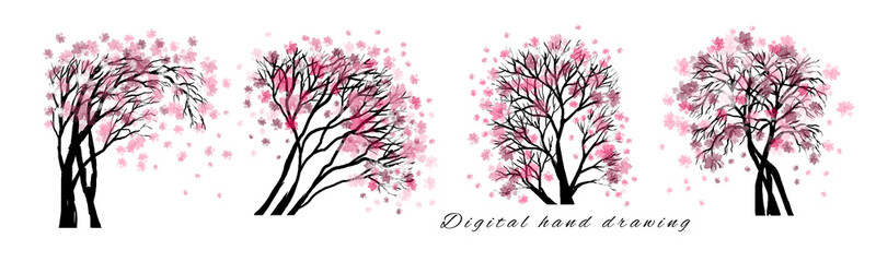 A set of isolated branches of a spring tree. A painted tree with flowers, cherry blossoms. A set of trees with pink buds in the doodle style, a sketch on a white background.