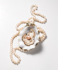 Pearl, One natural pearl inside the oyster shell, close up, on light gray background. Nacre. Real...
