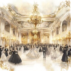Elegant Ball in a Grand Ballroom with Ornate Chandeliers.