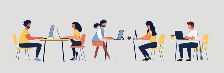 Workplace with group workers communicating with client or talking between teamwork or meetings, brainstorming. Cartoon illustration of an office concept.